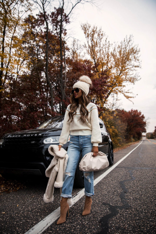 mia mia mine wearing a fair isle sweater and mother denim from intermix