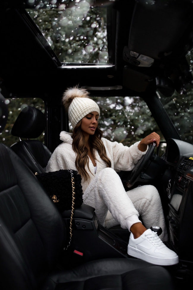 fashion blogger mia mia mine wearing a sherpa sweatsuit from walmart