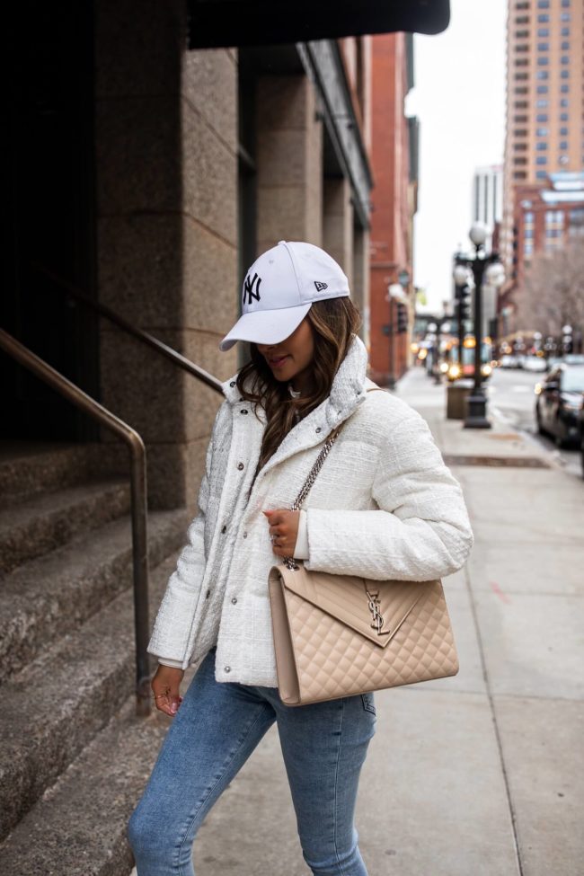fashion blogger mia mia mine wearing a boucle jacket from express