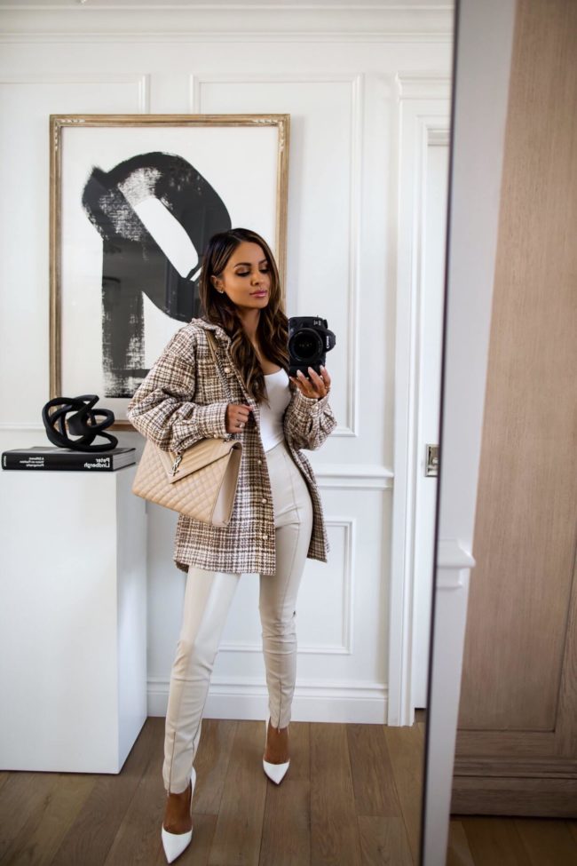fashion blogger mia mia mine wearing a tweed shacket with pearl buttons from forever 21