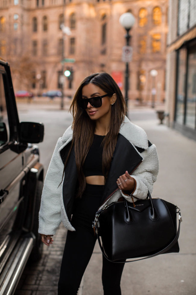 fashion blogger wearing a shearling jacket from Frame