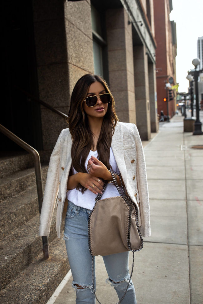 mia mia mine wearing a l'agence tweed blazer and stella mccartney bag from saks fifth avenue