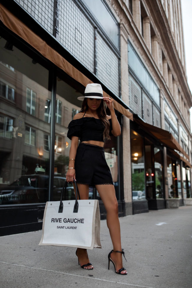 mia mia mine wearing a black linen matching set from express