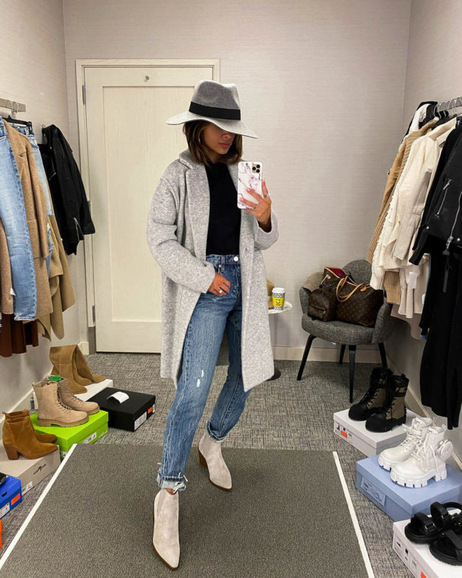 mia mia mine wearing a gray coat from the nsale 2021