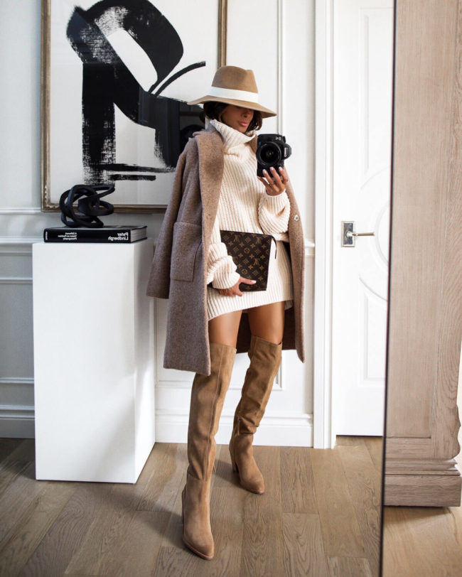 mia mia mine wearing a white free people sweater and a camel coat from the nordstrom anniversary sale
