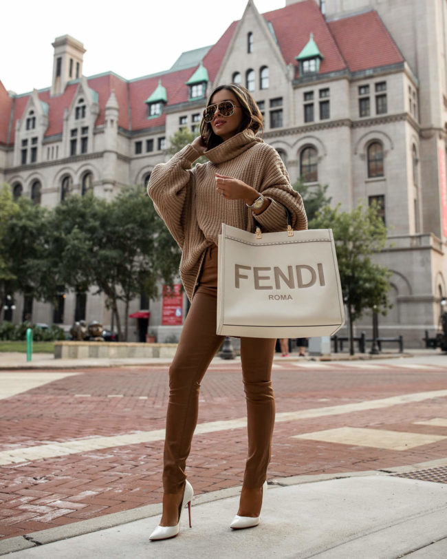 mia mia mine wearing camel coated denim from the nordstrom anniversary sale 2021