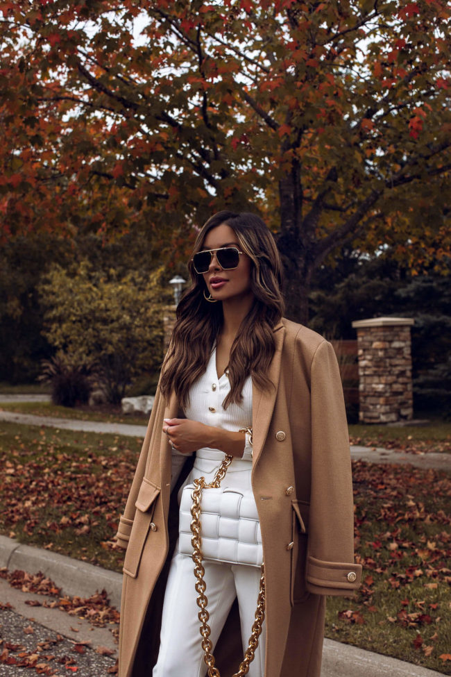 fashion blogger wearing a camel coat by karen millen