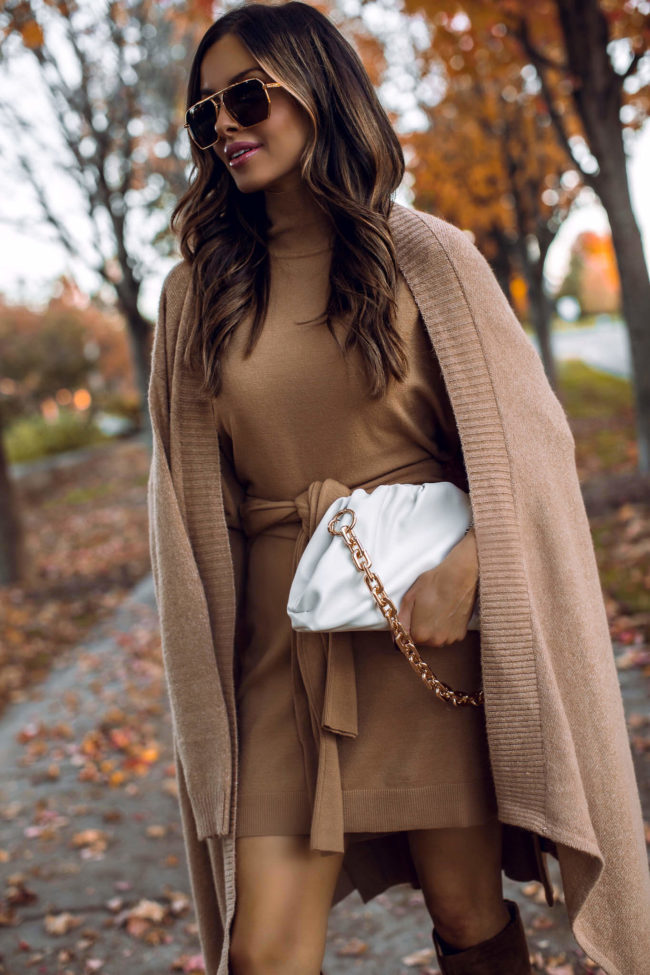 fashion blogger wearing a camel waterfall cardigan outfit from walmart