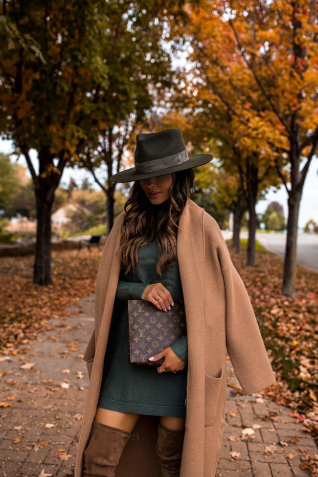 fashion blogger wearing a camel coat and louis vuitton toiletry pouch