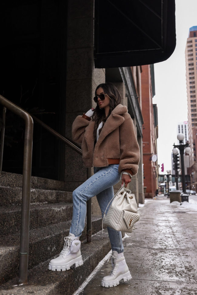 fashion blogger mia mia mine wearing a teddy bear coat from nordstrom