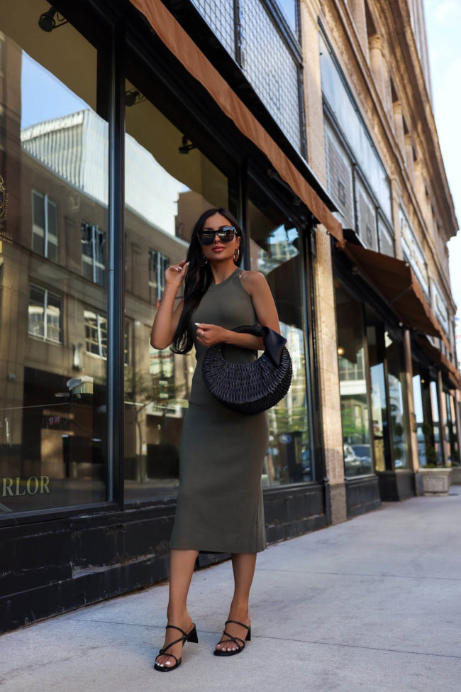 fashion blogger mia mia mine wearing a green khaki dress from walmart