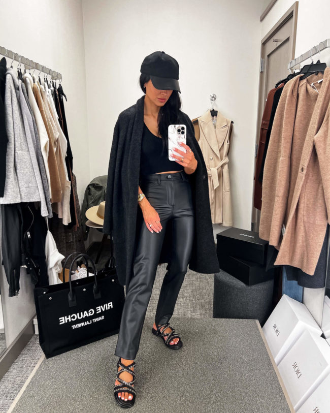 fashion blogger wearing halogen faux leather pants from the nsale 2022