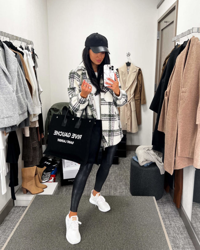 fashion blogger mia mia mine wearing plaid shacket from the nsale 2022