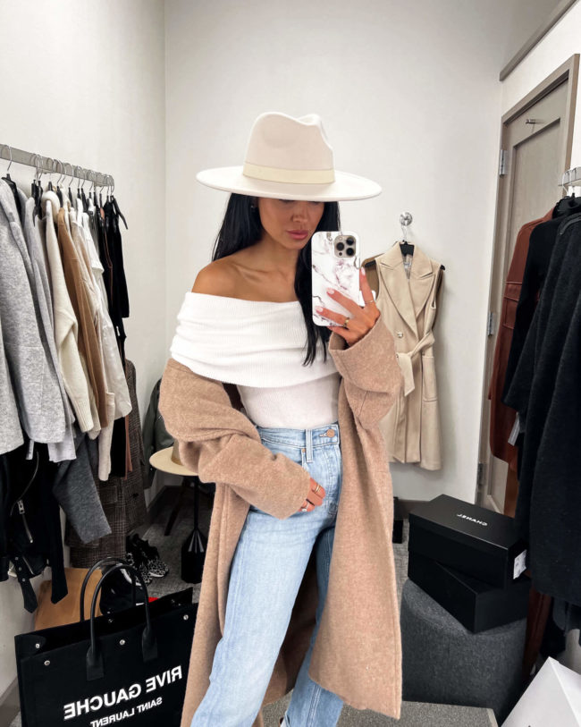 fashion blogger mia mia mine wearing a camel coatigan from the nordstrom anniversary sale
