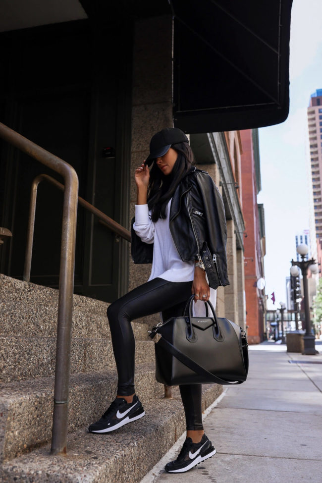 fashion blogger mia mia mine wearing spanx leggings and nike sneakers from the nsale 2022