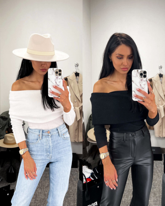 mia mia mine wearing a free people off the shoulder sweater