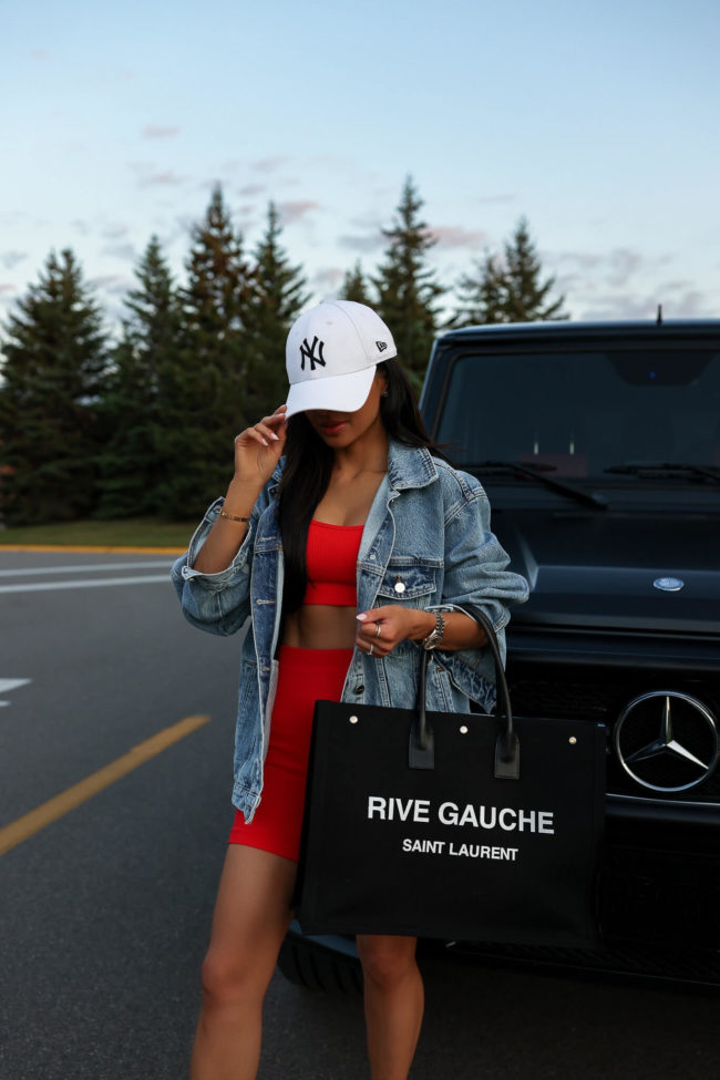 fashion blogger wearing a red knit set from amazon