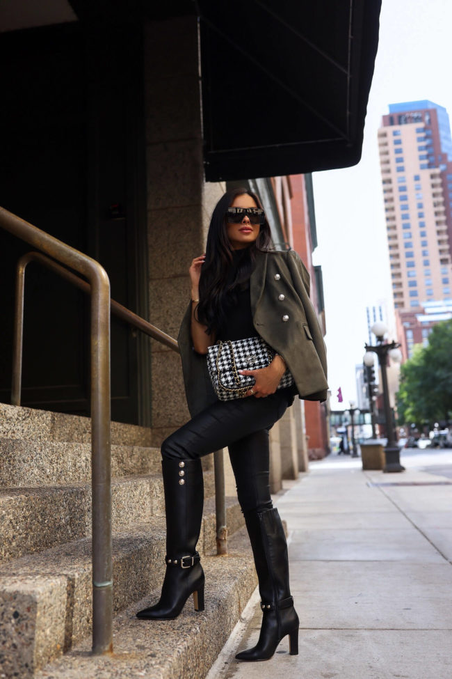 fashion blogger mia mia mine wearing coated denim pants from WHBM
