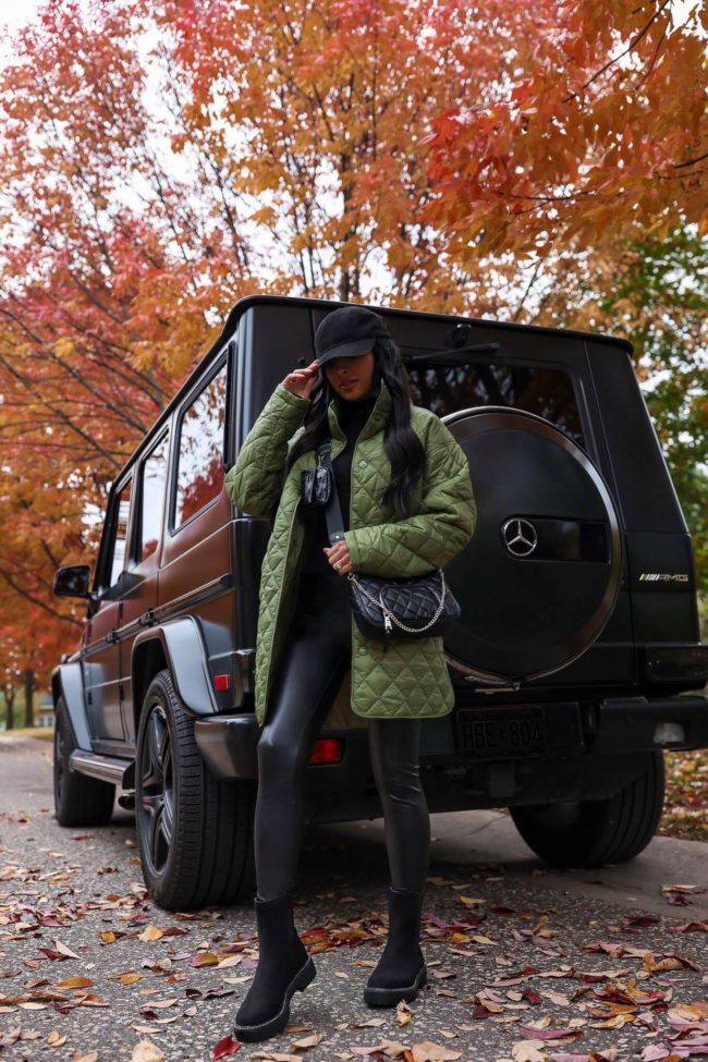 fashion blogger mia mia mine wearing a quilted puffer jacket from walmart