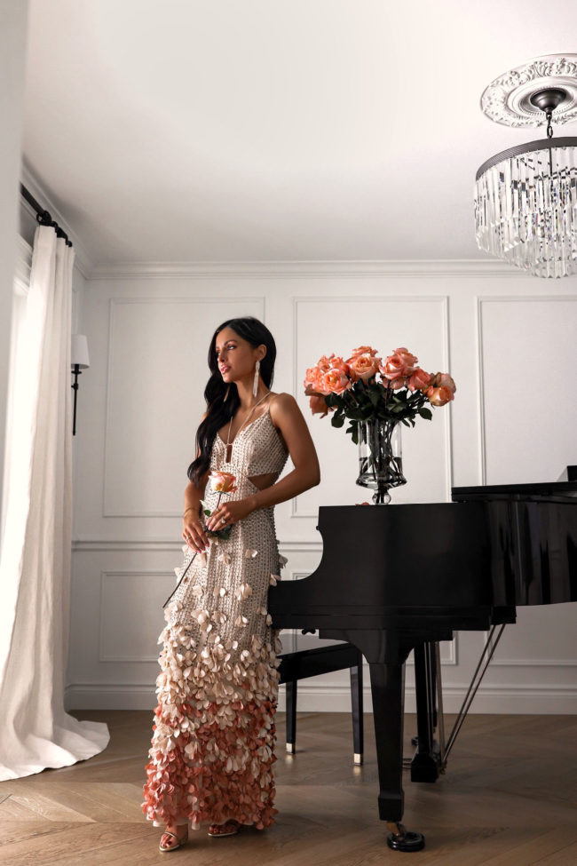 mia mia mine wearing a pink embellished gown by karen millen