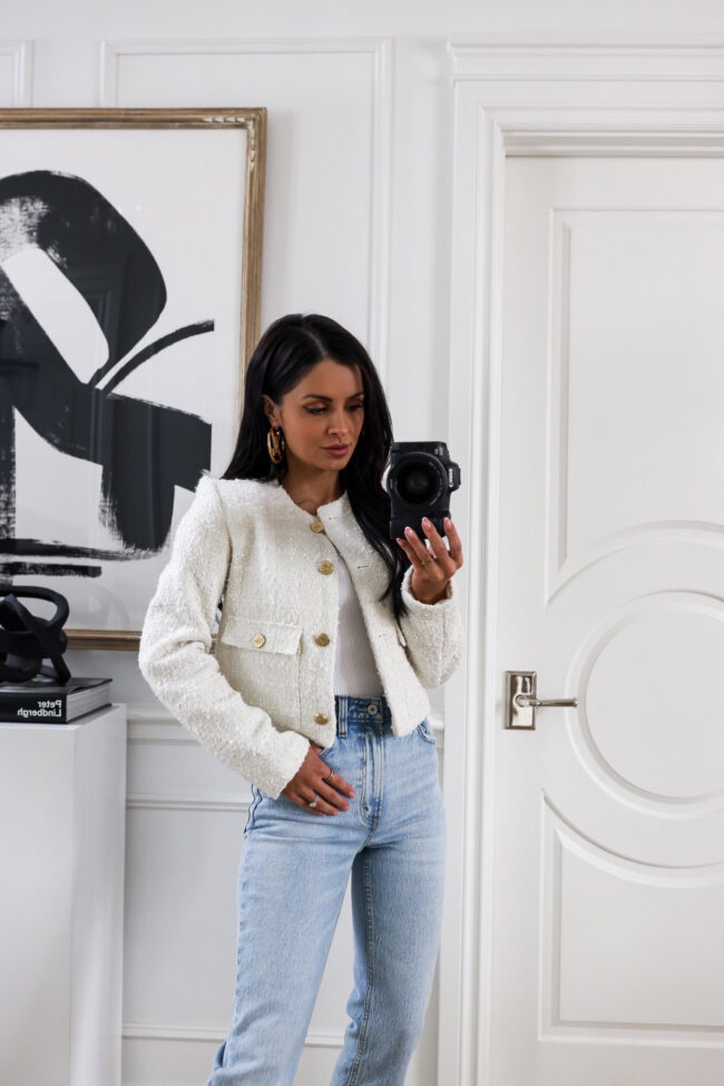 fashion blogger wearing a transitional outfit from abercrombie