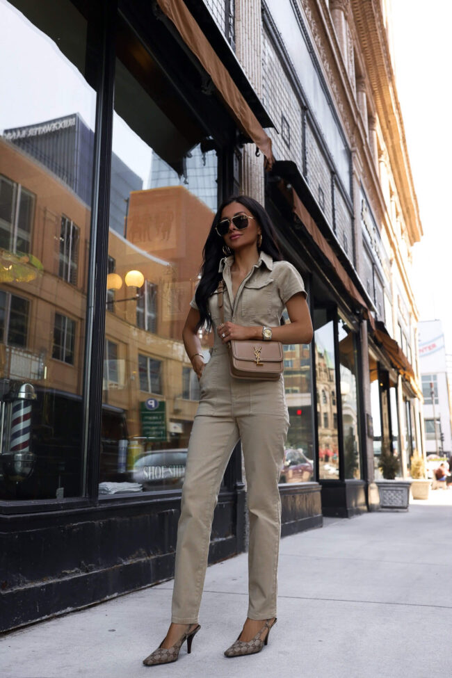fashion blogger mia mia mine wearing a khaki jumpsuit by good american