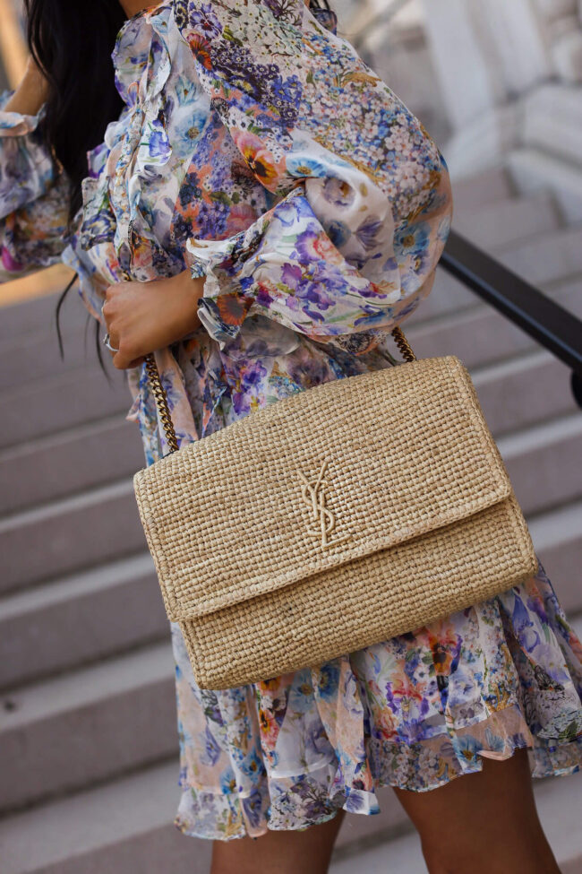 fashion bloggger wearing a raffia saint laurent kate bag 