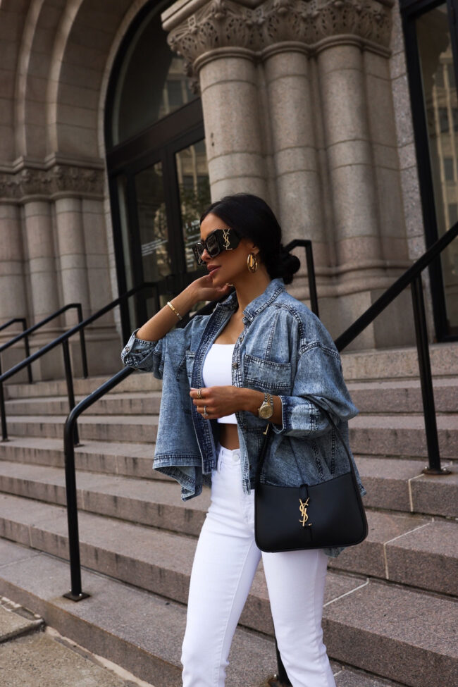 fashion blogger mia mia mine wearing a cropped denim shacket