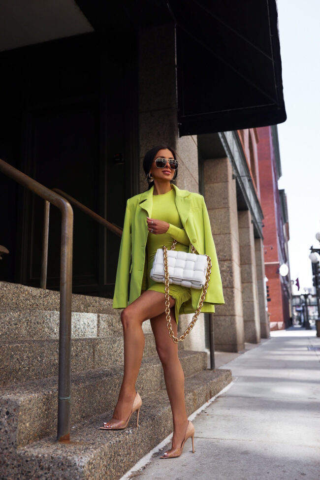 fashion blogger mia mia mine wearing a neon green outfit from nordstrom