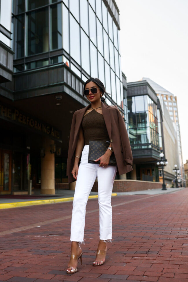 mia mia mine wearing an amazon the drop blazer