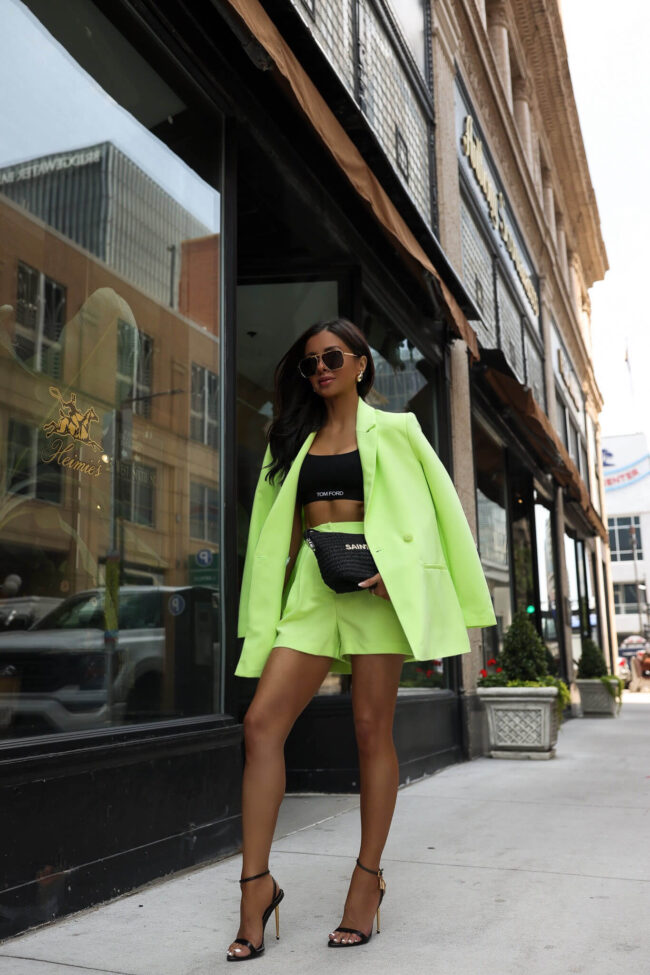 mia mia mine wearing a summer short suit set from saks