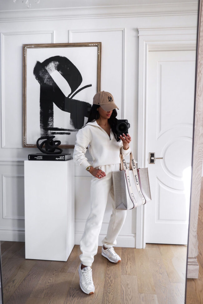 fashion blogger wearing a white sweatsuit from amazon