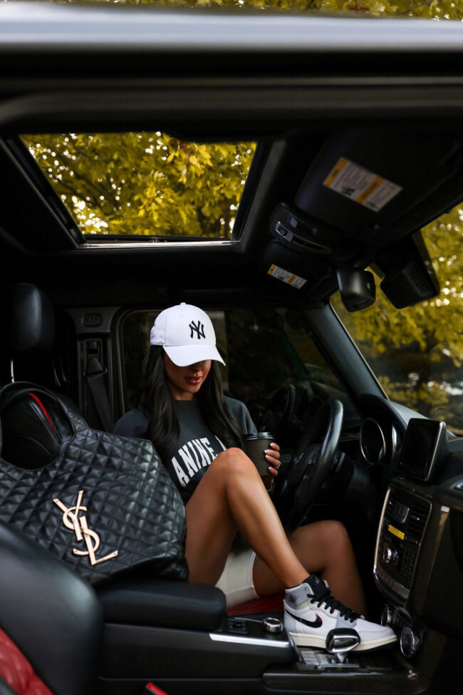 brunette fashion blogger wearing nike basketball sneakers