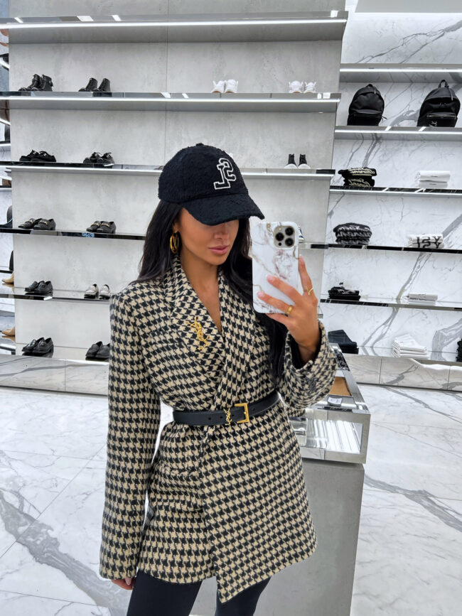 fashion blogger mia mia mine wearing an anine bing blazer and saint laurent logo belt
