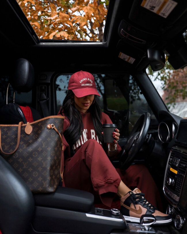 fashion blogger wearing an anine bing sweatsuit and nike dunk high sneakers