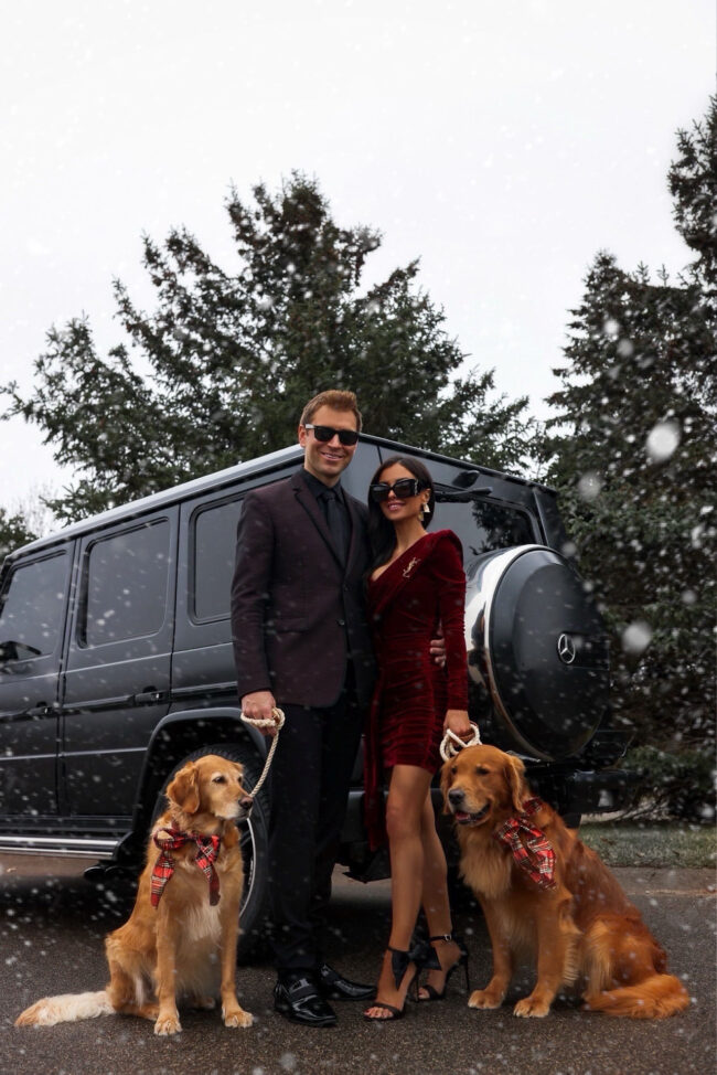 fashion blogger mia mia mine with her husband and golden retrievers