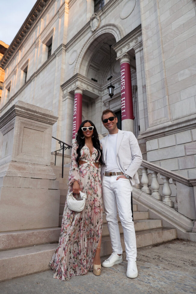 fashion blogger wearing a floral maxi dress from revolve
