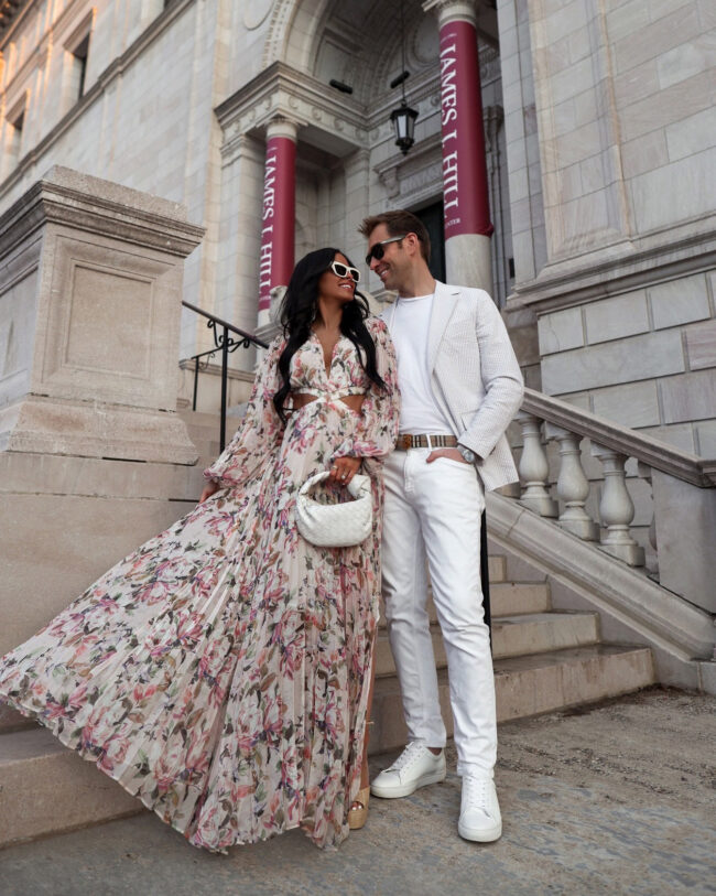 fashion blogger wearing a floral maxi dress for spring