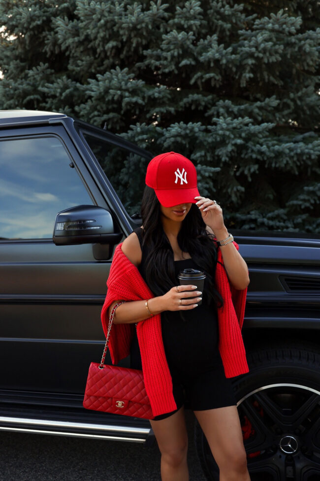 mia mia mine wearing a black and red outfit for summer