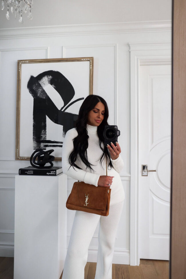 brunette fashion blogger wearing a saint laurent reversible kate bag