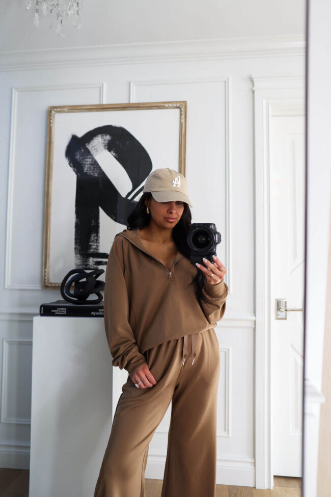 fashion blogger wearing a camel lounge set from walmart