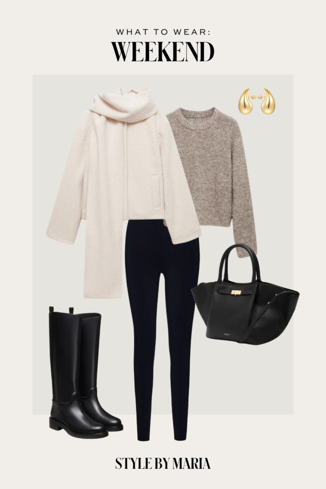 scarf coat and riding boots outfit