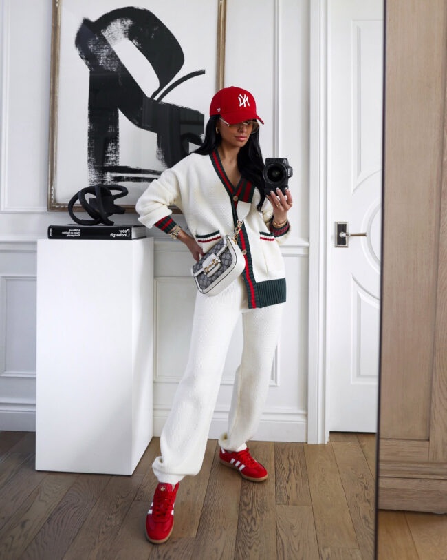fashion blogger wearing a gucci inspired loungewear set from amazon