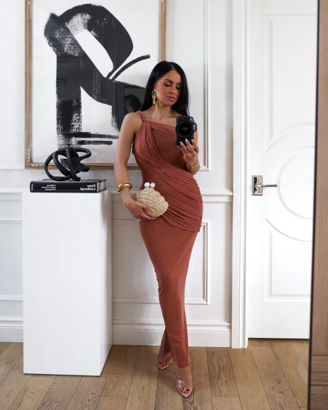 fashion blogger wearing a one shoulder dress from nordstrom