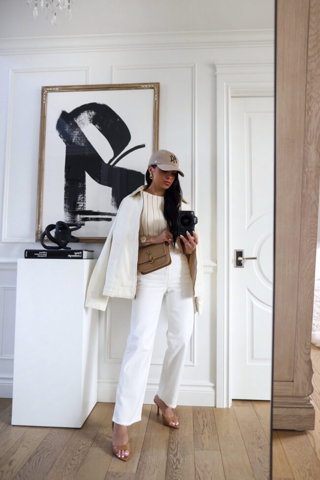fashion blogger wearing white jeans from levi's