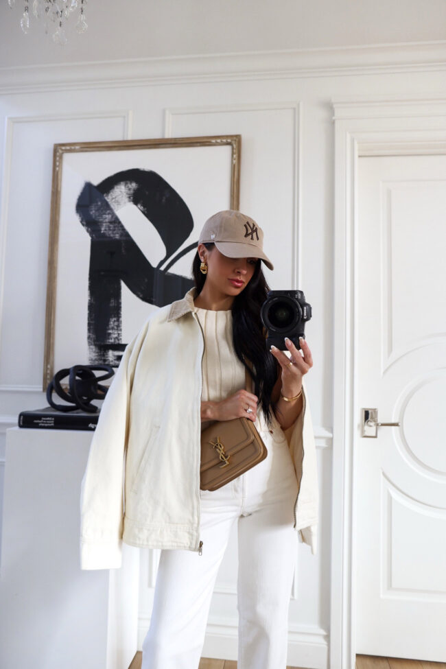 brunette fashion blogger wearing a barn jacket from shopbop