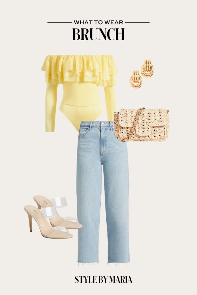 yellow ruffle off the shoulder top