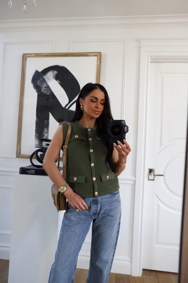 mia mia mine wearing a blanknyc green vest