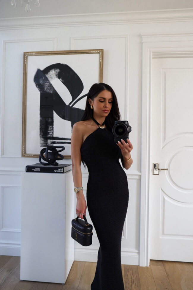 nordstrom fashion blogger wearing a black crochet dress