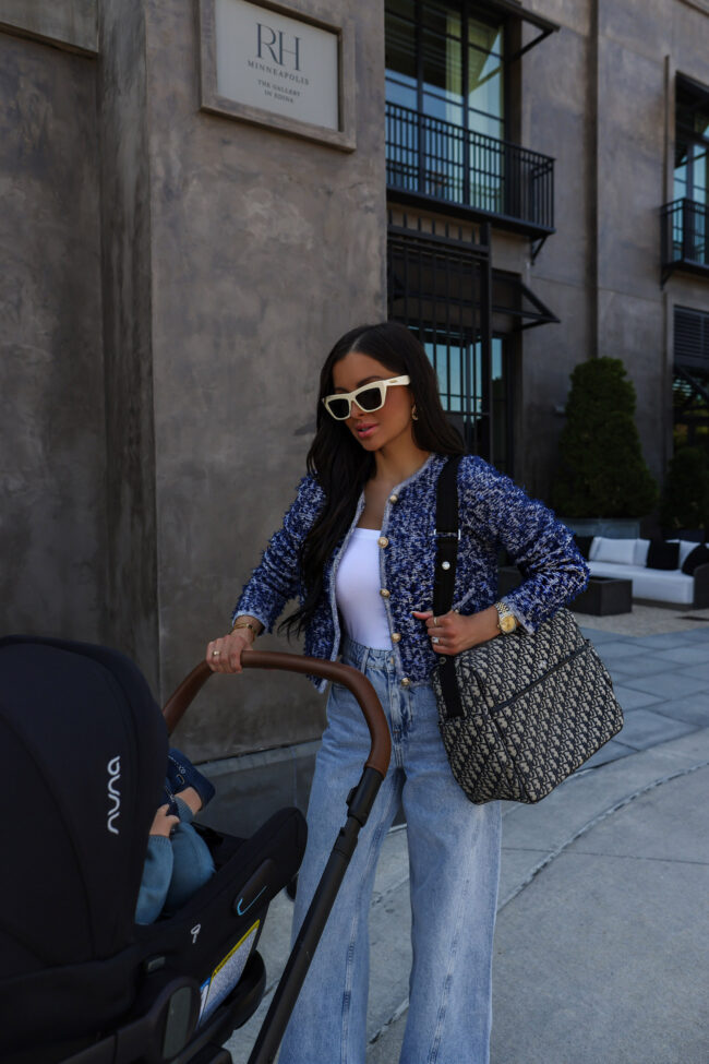 brunette fashion blogger wearing a zara boucle jacket